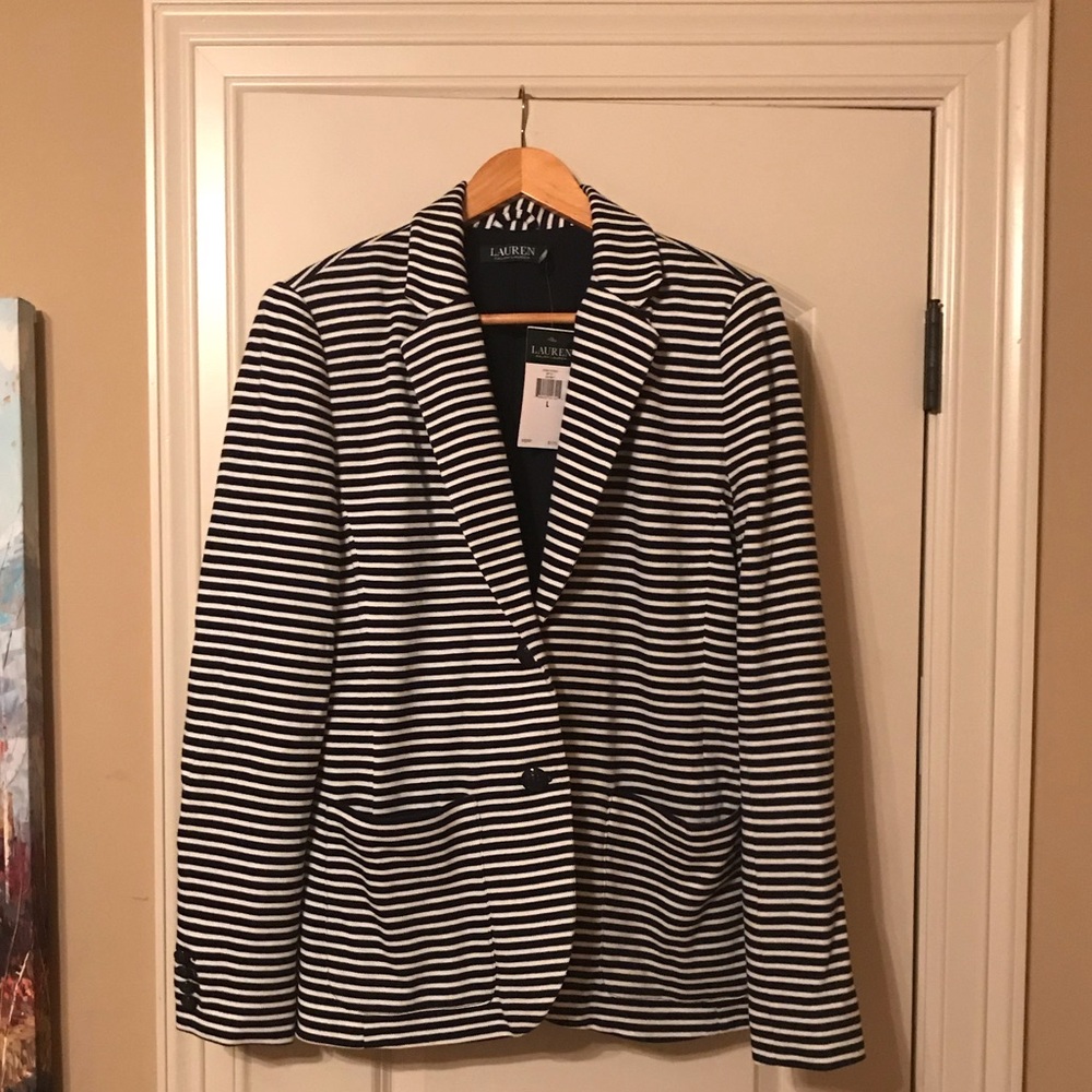 Trendy navy and white knit blazer